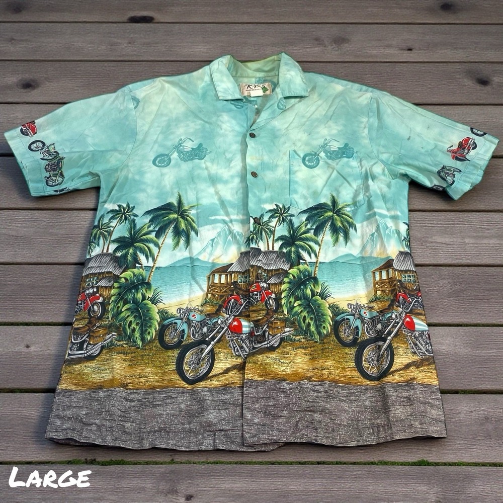 Ky's‎ Hawaiian Camp Shirt Mens Medium Short Sleeve Motorcycle Chopper Palms VTG